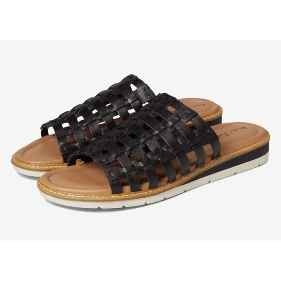 Me too Arien Sandals Womens Size 6.5 Black Woven Slip On Leather Slide - Picture 8 of 8
